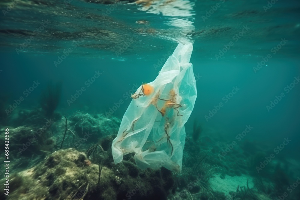 Ocean pollution with plastic: a plastic bag floating underwater amidst ...