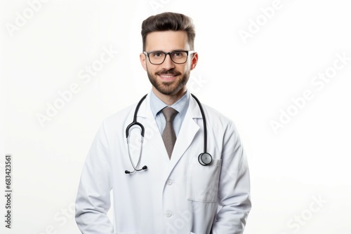 Man portrait of a doctor wearing a white coat and and a stethoscope looking into the camera on a white isolated background, copy space, space for text, health © Werckmeister
