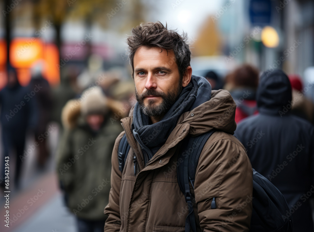 Portrait of man with with a beard and tousled hair walking down a busy city street in winter attire Portrait of man with with a beard and tousled hair walking down a busy city street in winter attire