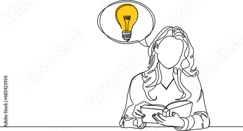 continuous single line drawing of woman having an idea, speech bubble with light bulb, line art vector illustration
