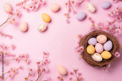 Pastel Easter Eggs Nestled Among Cherry Blossoms on Pink Backdrop