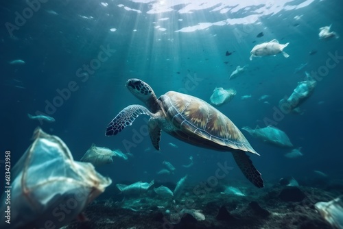 Ocean pollution with plastic: a plastic bag floating underwater amidst fish, turtle and coral. A distressing depiction of the environmental threat posed by plastic waste to marine ecosystems © Ilia
