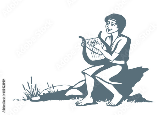 Vector drawing. Guy playing the harp