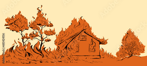 Vector drawing. Burning house and trees