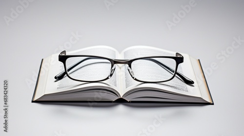 A pair of sleek reading glasses, their design capturing simplicity, placed atop an open book on a white surface. © Balqees