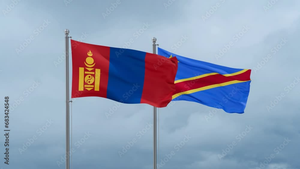 Democratic Republic of the Congo flag and Mongolia flag waving together on cloudy sky, endless seamless loop, two country relations concept Democratic Republic of the Congo flag and Mongolia flag waving together on cloudy sky, endless seamless loop, two country relations concept
