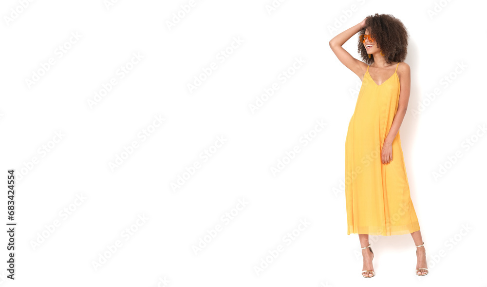 Beauty african american female in yellow dress on isolated white background. Beauty african american female in yellow dress on isolated white background.