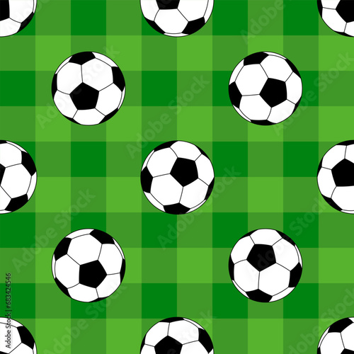 vector sports pattern with soccer balls on a green background. Football balls on the lawn