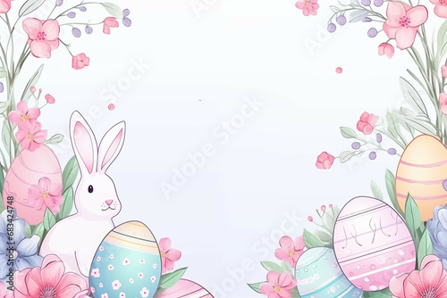 Pastel-Colored Easter Illustration with Bunny and Decorative Eggs Amongst Spring Flowers