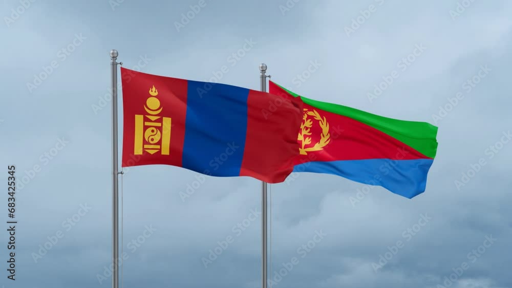 Eritrea and Mongolia flag waving together on cloudy sky, endless seamless loop, two country cooperation concept Eritrea and Mongolia flag waving together on cloudy sky, endless seamless loop, two country cooperation concept