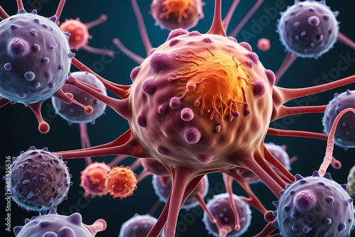 3D rendering of microscopic human and cancer cells on science day background
