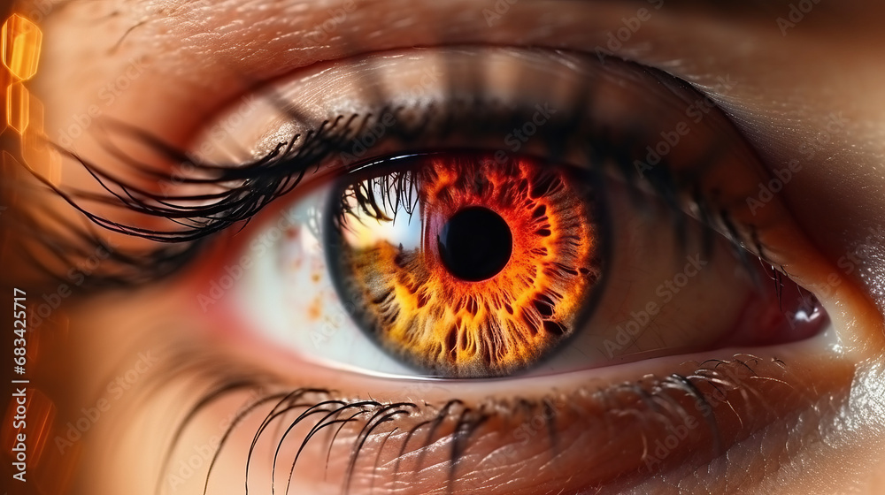 Extreme close-up of a beautiful person eye in flames , burning glowing fire in the eye iris , angry or revengeful people concept image