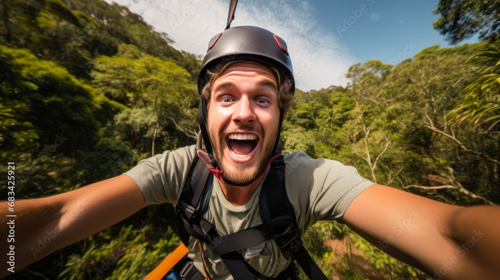Young man engaged in a thrilling ziplining adventure through a dense rainforest canopy. He soars above the treetops, he laughter and excitement echoing through the jungle. Young man engaged in a thrilling ziplining adventure through a dense rainforest canopy. He soars above the treetops, he laughter and excitement echoing through the jungle.