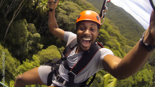 Young man engaged in a thrilling ziplining adventure through a dense rainforest canopy. He soars above the treetops, he laughter and excitement echoing through the jungle. photo