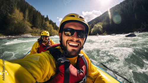 Young man on a thrilling white-water rafting expedition. He commands the raft with confidence through challenging rapids, creating an unforgettable outdoor experience with his friends.