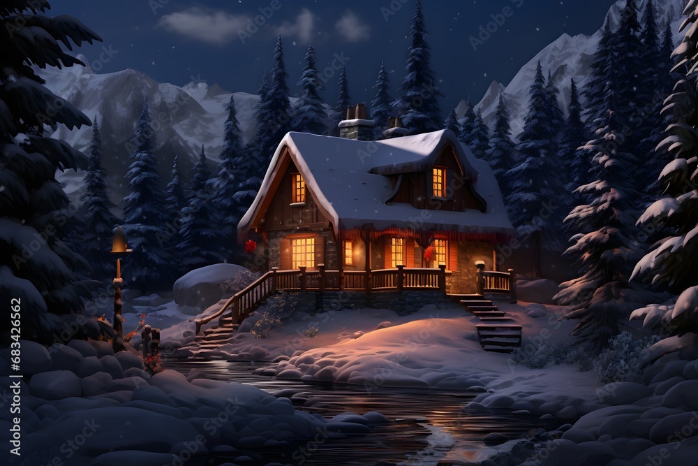 a small cozy wooden house covered with snow in winters
