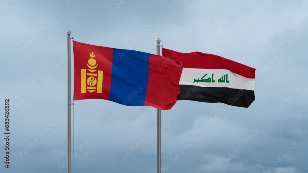Iraq flag and Mongolia flag waving together on blue sky, looped video Iraq flag and Mongolia flag waving together on blue sky, looped video