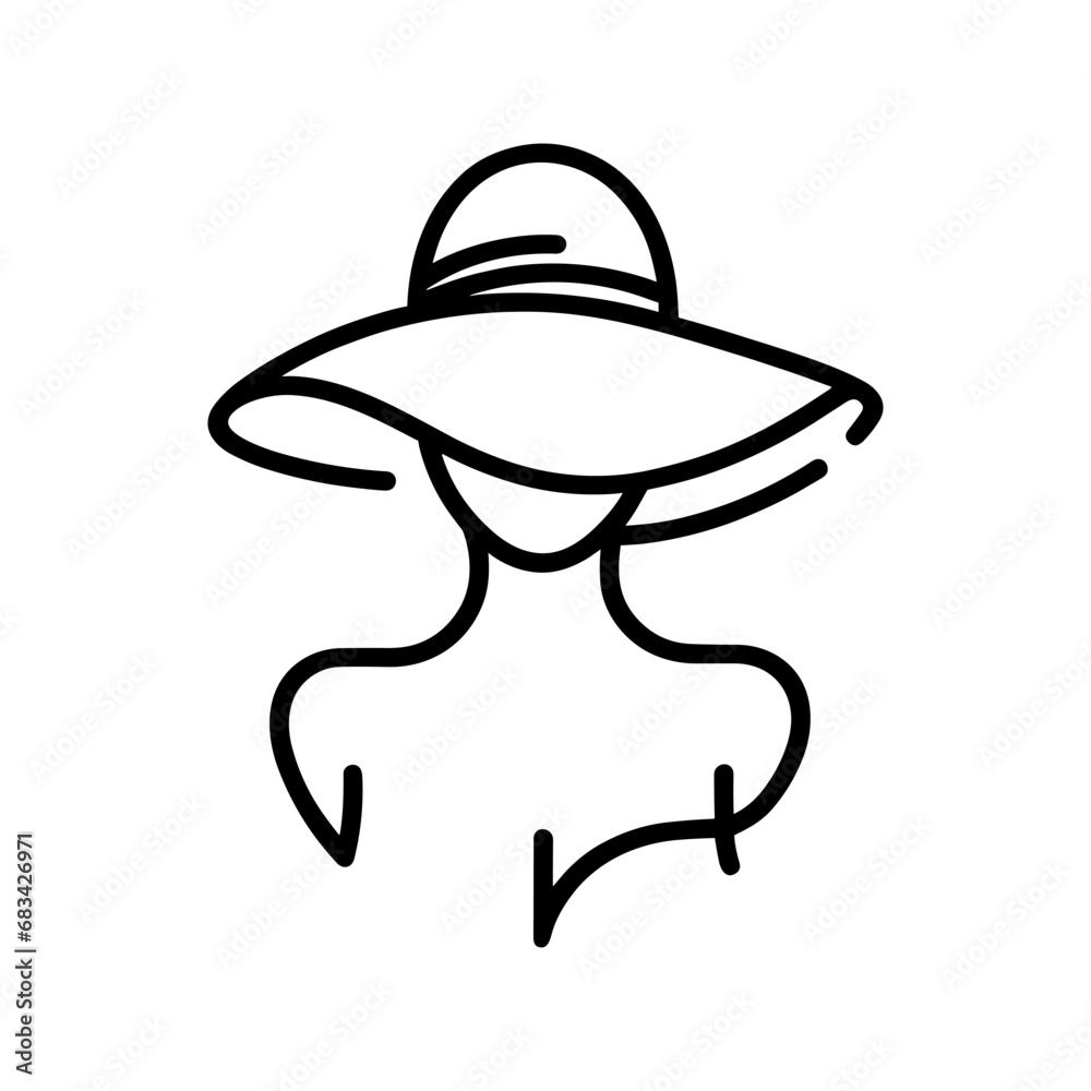 Elegant continuous line drawing of a woman wearing a large floppy hat. Black fashion icon Elegant continuous line drawing of a woman wearing a large floppy hat. Black fashion icon