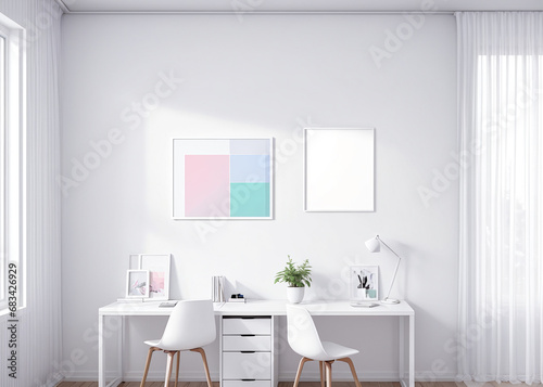 A minimalist with clean lines, bright room, pastel colors, this modern indoor space.  © dhk_