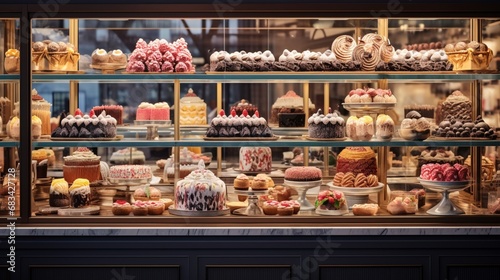 A panoramic view of a cake shop display, showcasing an array of delicious treats. photo