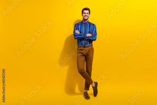 Full body photo of confident handsome man with bristle wear vintage bow tie holding arms crossed isolated on yellow color background