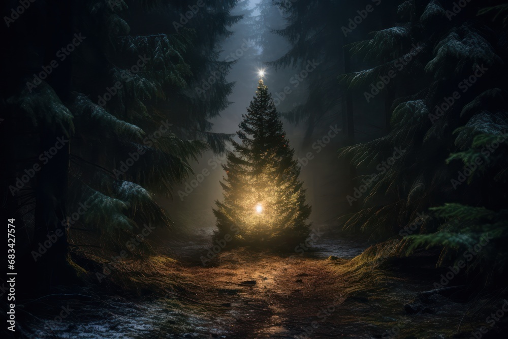 Christmas tree lost in a forest at night photograph, photography, professional quality --ar 3:2 --v 5.2 Job ID: 896888a0-9638-4607-b35a-789f2c7c7c3e
