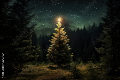 Christmas tree lost in a forest at night photograph, photography, professional quality --ar 3:2 --v 5.2 Job ID: 44304ebb-f7d4-49e5-9b30-c0cb56ea55a2 © Thibaut Design Prod.