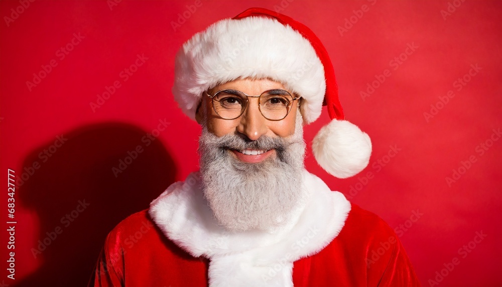Close-up photo of retired old Santa Claus. white beard, mouth open, looking confused. He is dressed in a Santa costume and wearing a hat. on isolated background.	
