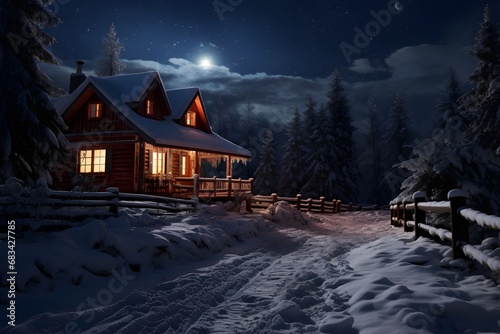 a small cozy wooden house covered with snow in winters © DailyLifeImages