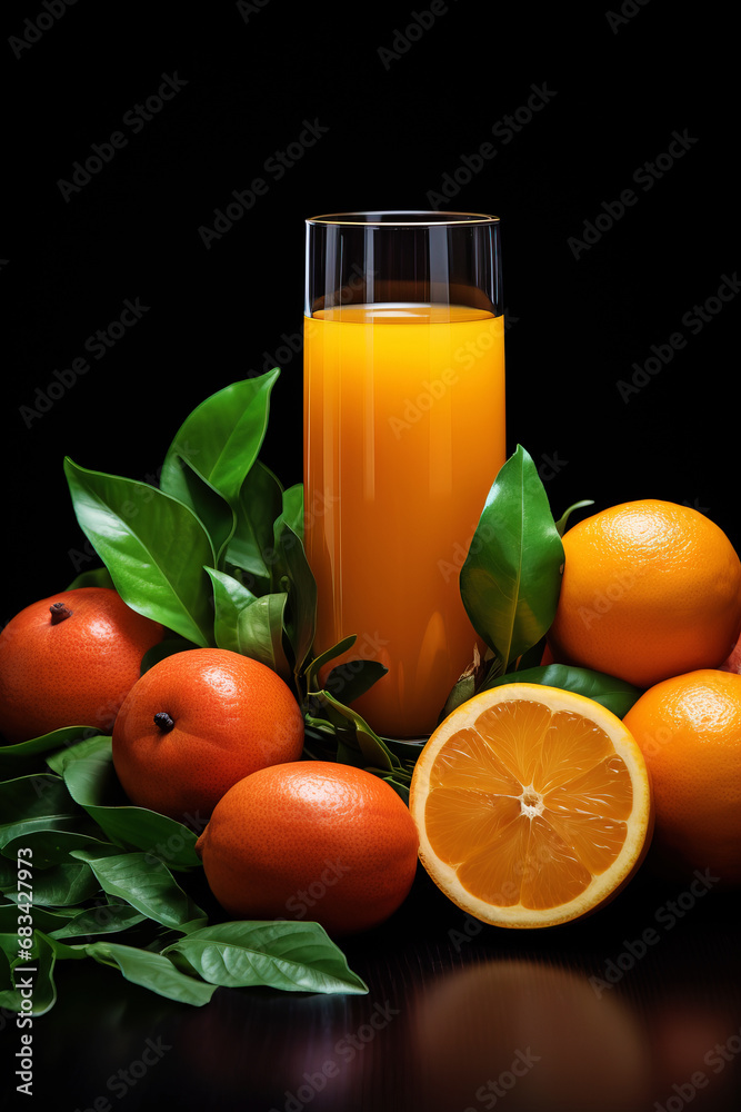 Refreshing Orange Juice and Oranges with Lush Leaves Refreshing Orange Juice and Oranges with Lush Leaves