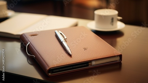 A classic Montblanc pen and leather-bound notebook  evoking the art of writing and organization against a clean white desk.
