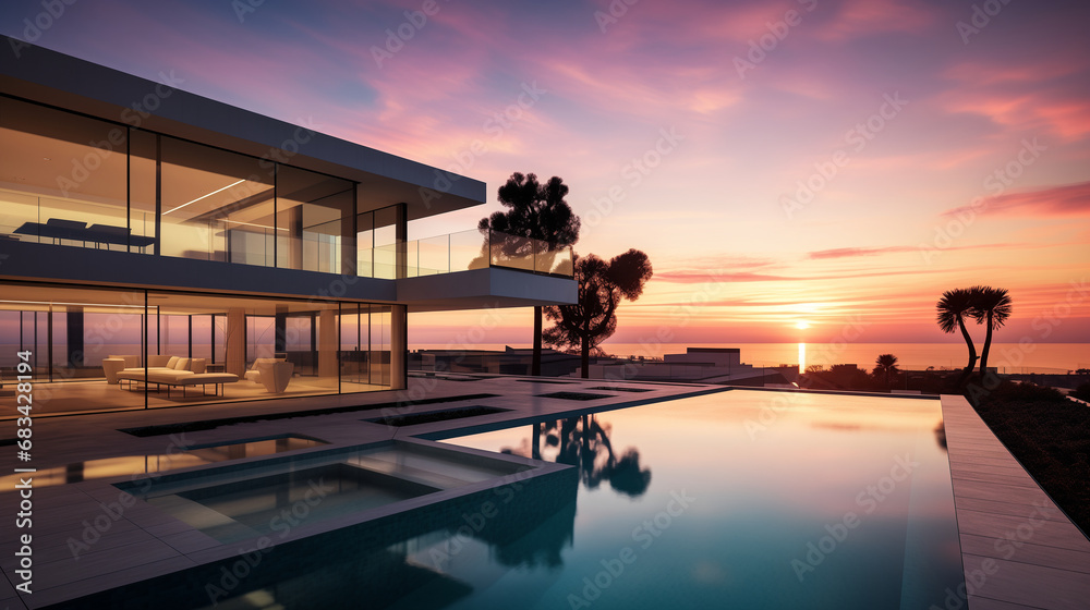 modern villa at sunrise or sunset. The villa features sleek and contemporary architecture, and the evening setting offers a tranquil ambiance