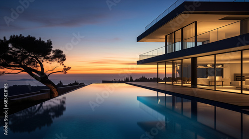 modern villa at sunrise or sunset. The villa features sleek and contemporary architecture, and the evening setting offers a tranquil ambiance © sandsun
