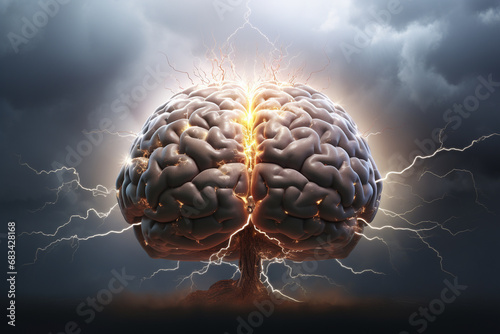 Human Brain Struck by Lightning, Symbolizing the Intense Struggle of Stress and Burnout. Ai generated photo