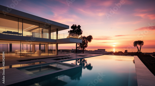 modern villa at sunrise or sunset. The villa features sleek and contemporary architecture, and the evening setting offers a tranquil ambiance © sandsun