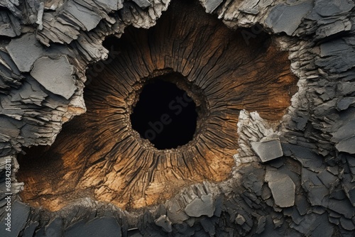 A close-up view of a piece of wood with a hole. This image can be used to represent nature  woodworking  or textures.