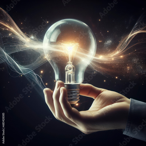 A hand in dynamic space approaches a futuristic light bulb on black background. ai generative