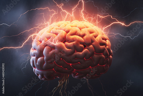 Human Brain Struck by Lightning, Symbolizing the Intense Struggle of Stress and Burnout. Ai generated photo