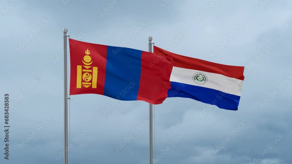 Paraguay flag and Mongolia flag waving together on cloudy sky, endless seamless loop, two country relations concept Paraguay flag and Mongolia flag waving together on cloudy sky, endless seamless loop, two country relations concept