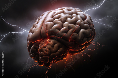 Human Brain Struck by Lightning, Symbolizing the Intense Struggle of Stress and Burnout. Ai generated photo