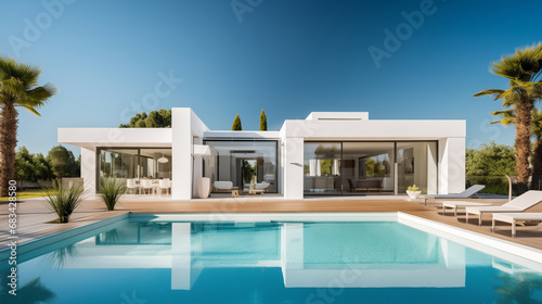 modern villa at sunny day. The villa features sleek and contemporary architecture, and the evening setting offers a tranquil ambiance © sandsun