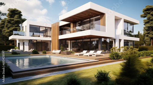 modern villa at sunny day. The villa features sleek and contemporary architecture, and the evening setting offers a tranquil ambiance © sandsun