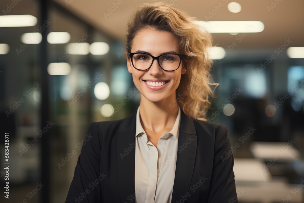 Happy businesswoman professional leader standing in office. Smiling female employee, manager, confident entrepreneur at work. generative AI Happy businesswoman professional leader standing in office. Smiling female employee, manager, confident entrepreneur at work. generative AI