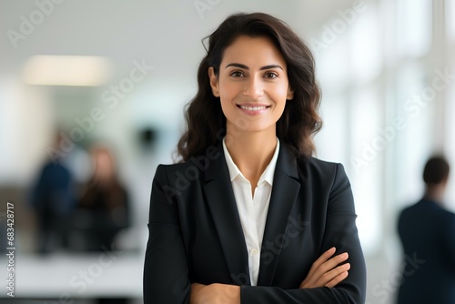 Happy businesswoman professional leader standing in office. Smiling female employee, manager, confident entrepreneur at work. generative AI