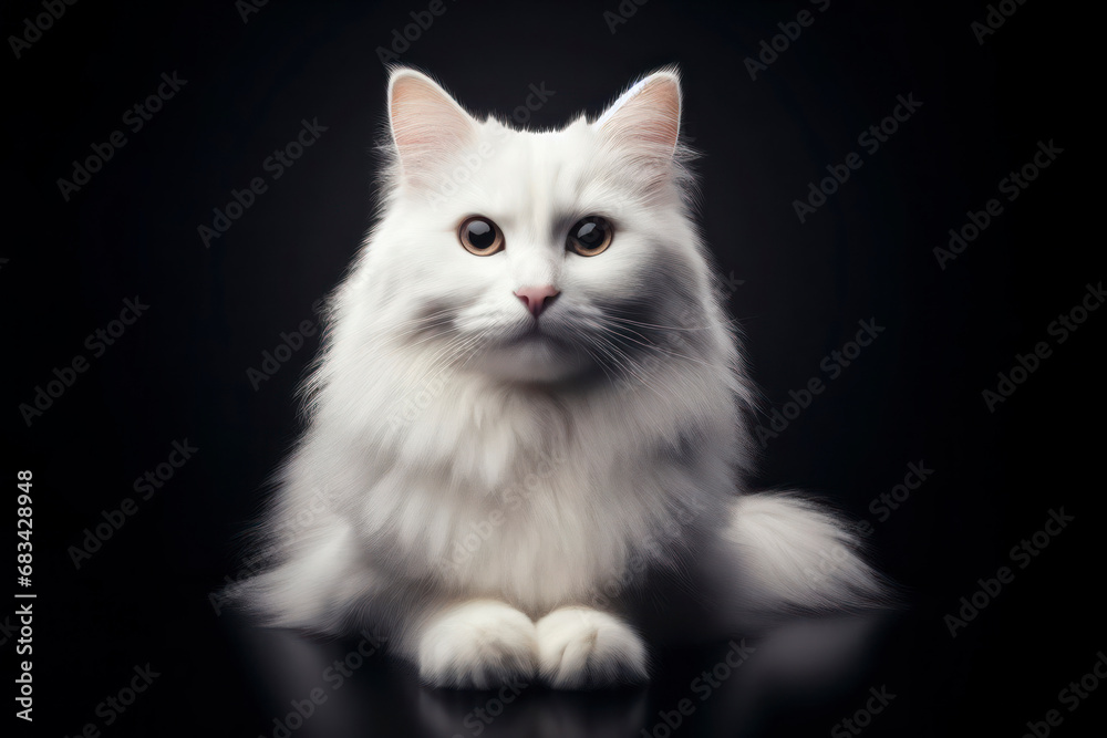 photorealistic studio full body portrait of a white cat on black background. ai generative