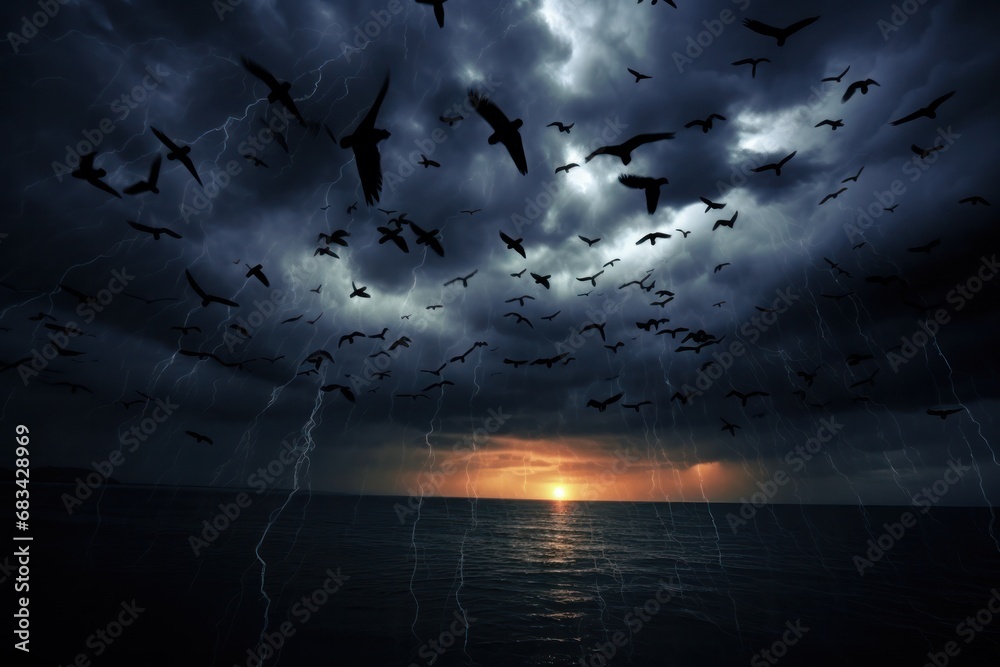 a cloud of crows during orage storm photograph, photography, professional quality --ar 3:2 --v 5.2 Job ID: 7ec80d93-79ec-411e-9f7d-9d7eea0966a6