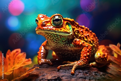A frog is sitting on top of a rock next to a beautiful flower. This image can be used to depict nature, wildlife, and the delicate balance of ecosystems. © Ева Поликарпова
