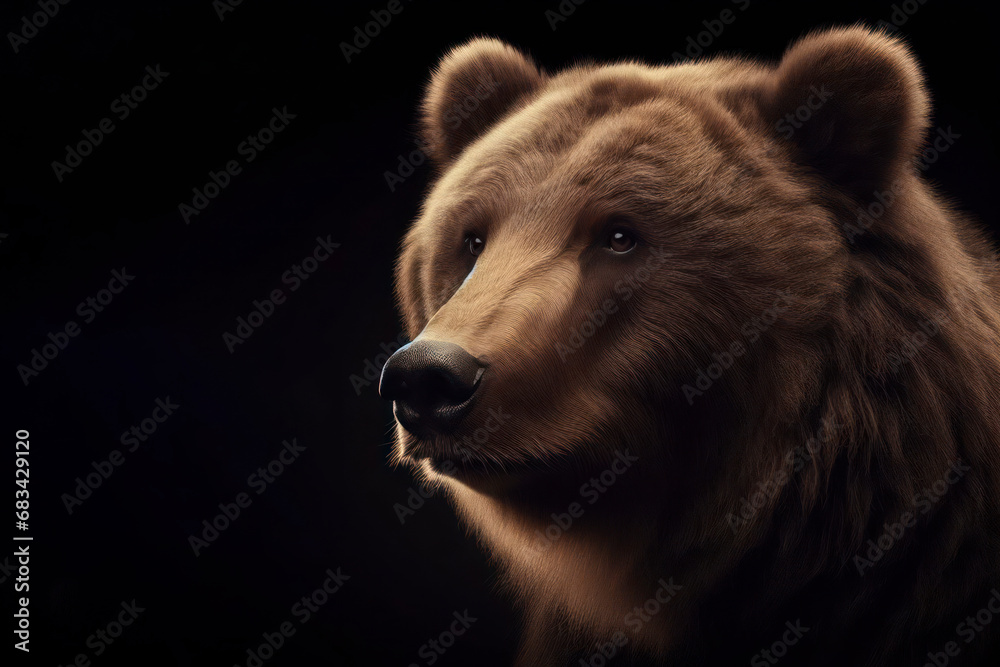 Fototapeta premium photorealistic studio portrait of a Brown Bear on black background. ai generative