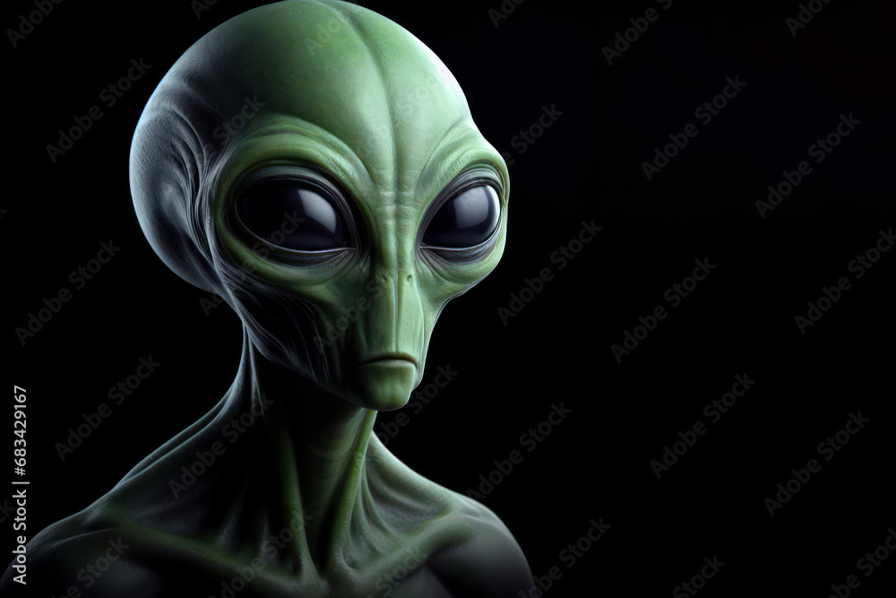 photorealistic studio portrait of a Green Alien on black background. ai generative