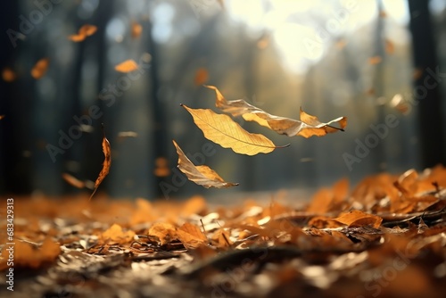 A captivating image of a bunch of leaves gracefully floating in the air. Perfect for nature-themed designs and autumn-inspired projects